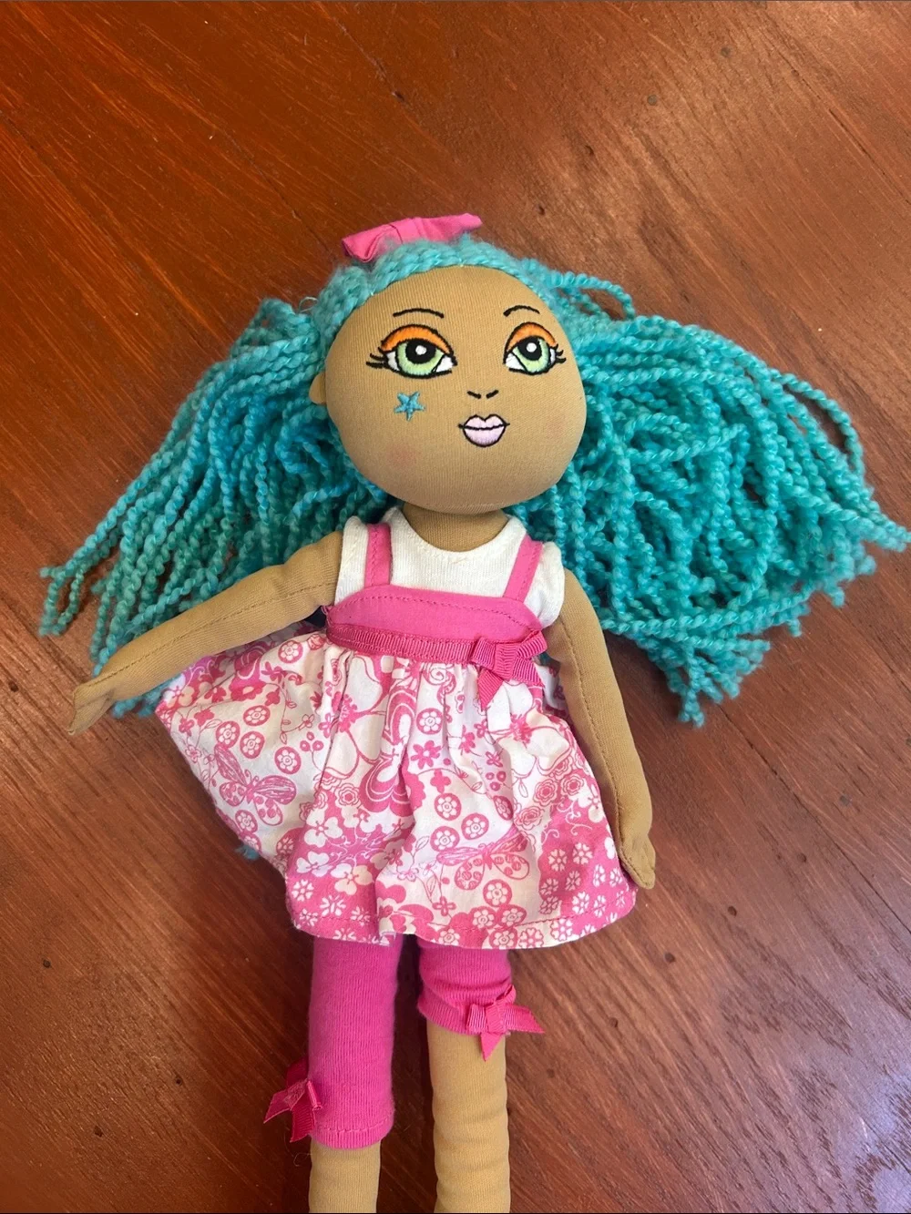 The Children's Place Teal Yarn-Haired Doll in Pink Floral Outfit
